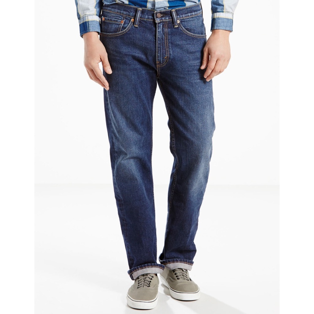 Levi's Men's 505 Classic Dark Wash Mid Rise Regular Fit Straight Leg Blue Jeans - Picture 1 of 11